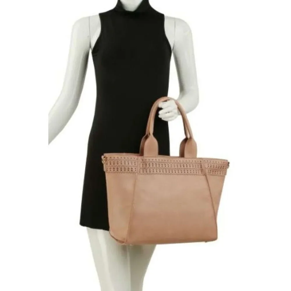 Women's Large Beige Laser-Cut Tote With Detachable Strap